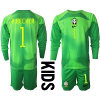 Camiseta Brasil Alisson Becker #1 Portero Segunda Equipación Replica Mundial 2022 para niños mangas largas (+ Pantalones cortos)